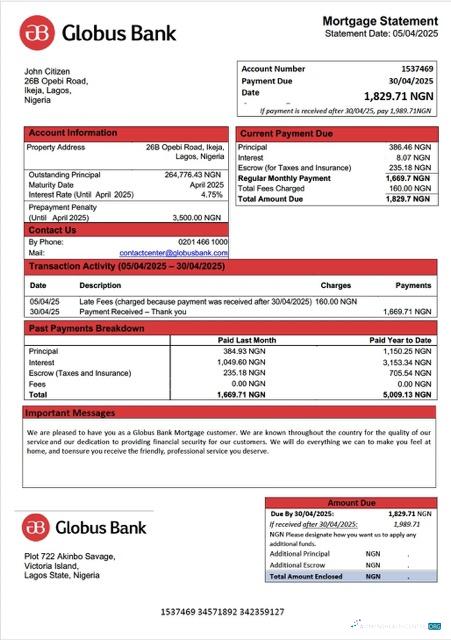 Download Nigeria Globus Bank mortgage statement Word and PDF template Photoshop template